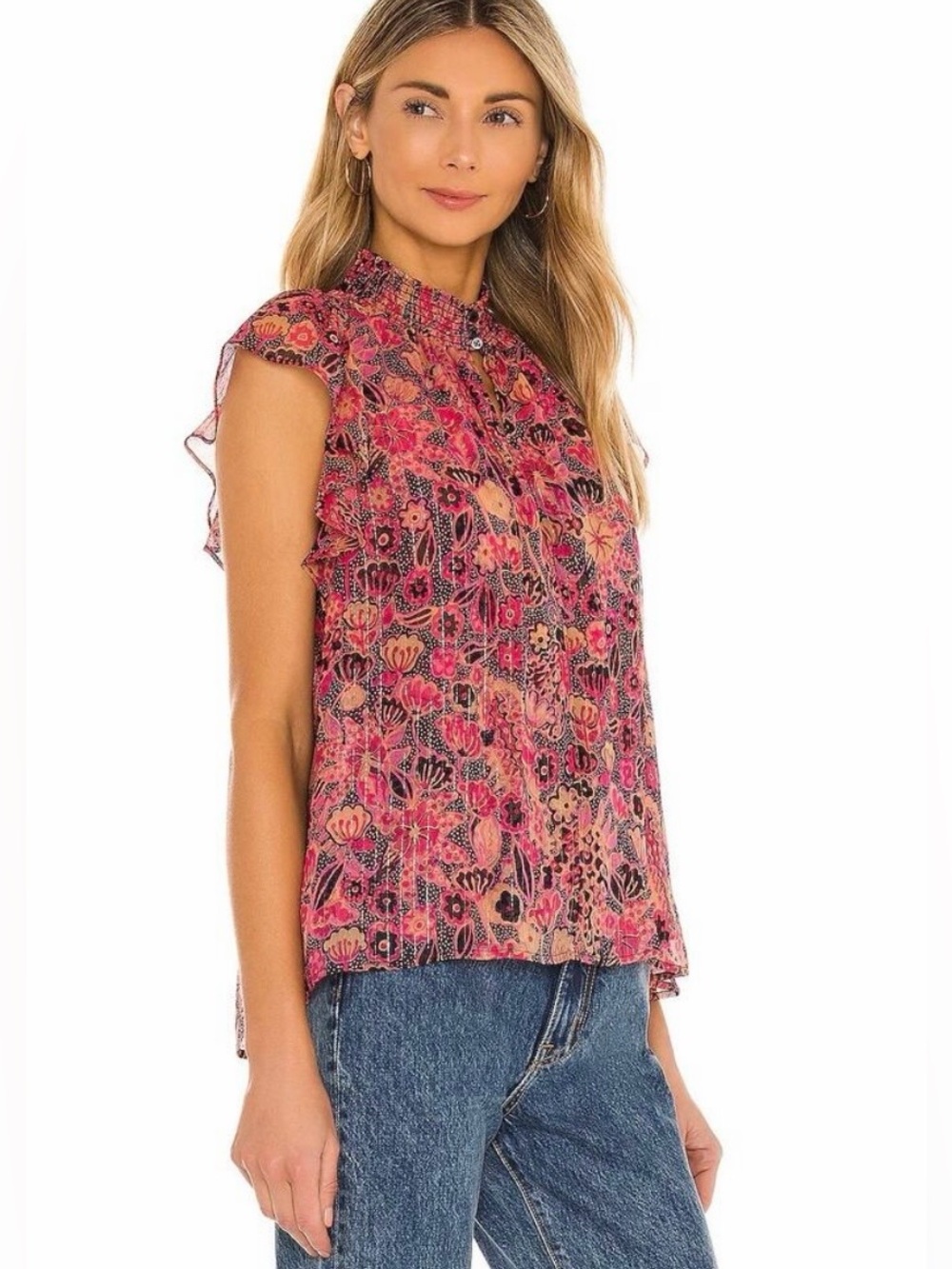 A.L.C. Hayley Floral Metallic Silk Flutter Sleeve Blouse in Size 2 (XS) - Picture 2 of 12